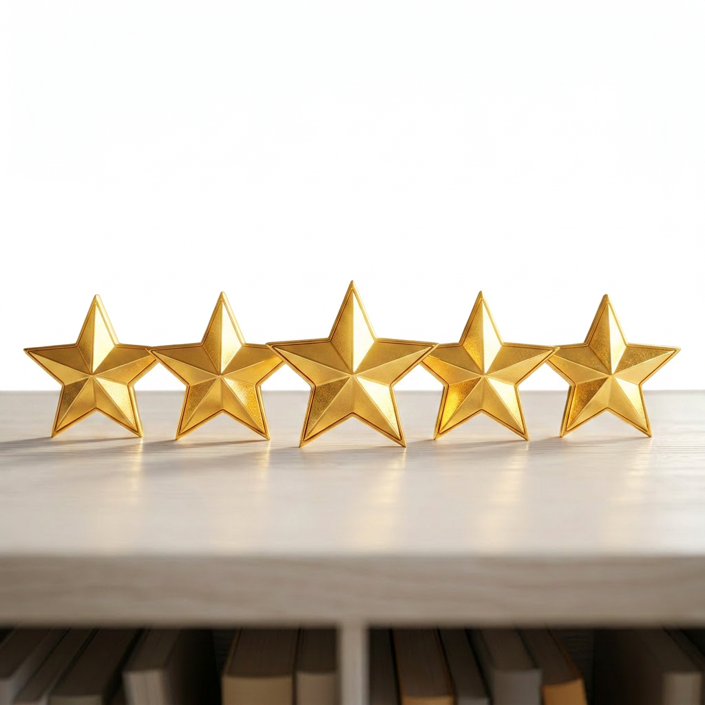 Five gold stars lined up on a desk symbolizing a five-star rating