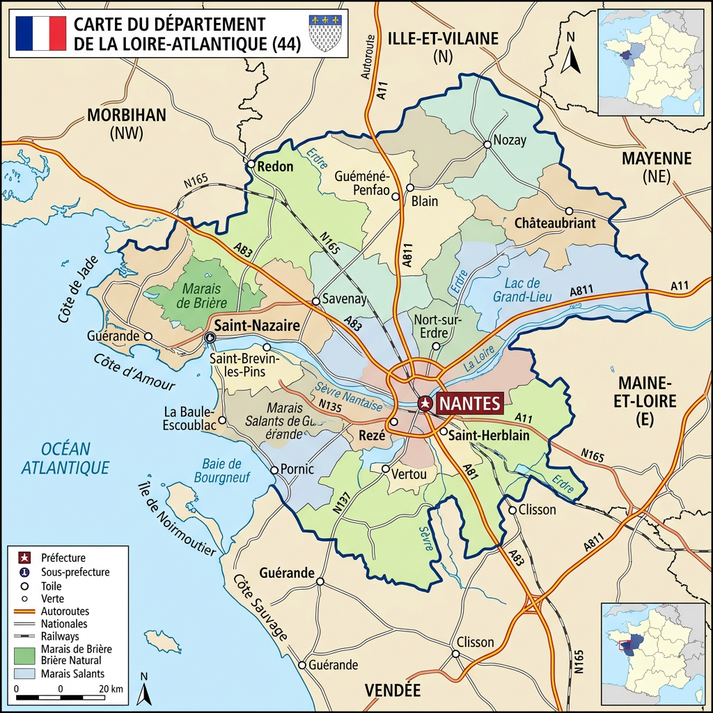 Map of Loire-Atlantique department in France highlighting Nantes, major roads, and natural marshes